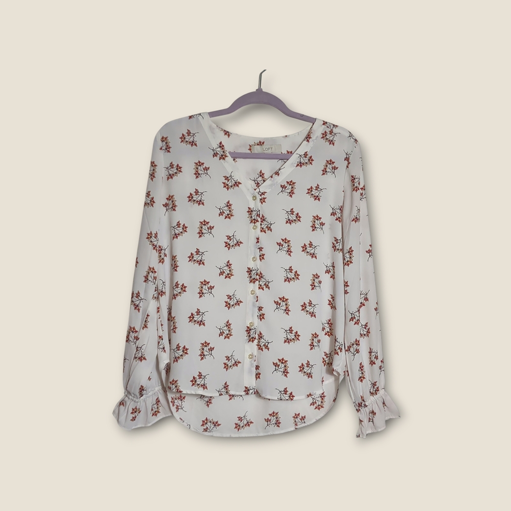 LOFT Small White Blouse with Floral Design Lightweight Button Up Cottagecore